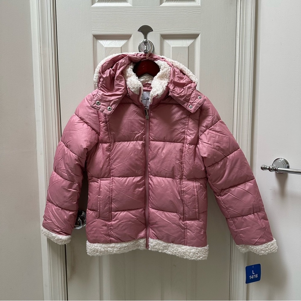 NWT Sam Edelman Pink Puffer Jacket with White Trim & Star on back size large